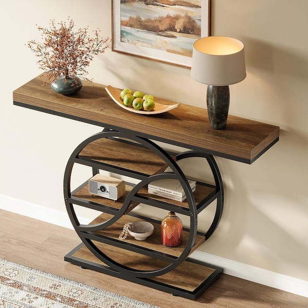 BYBLIGHT Turrella 47 in. Brown Rectangle MDF Console Table with Storage Shelves