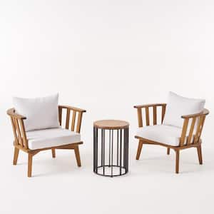 Horatio Teak Brown 3-Piece Wood Patio Conversation Seating Set with White Cushions