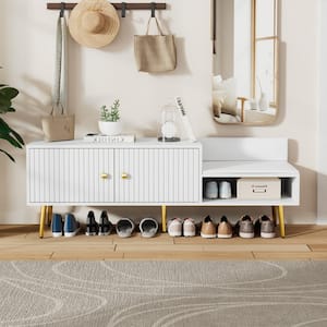 19.3 in. H x 54.3 in. W White Modern Entryway Shoe Storage Bench with 2 Intricate Grooves Doors, PU Upholstered Cushion