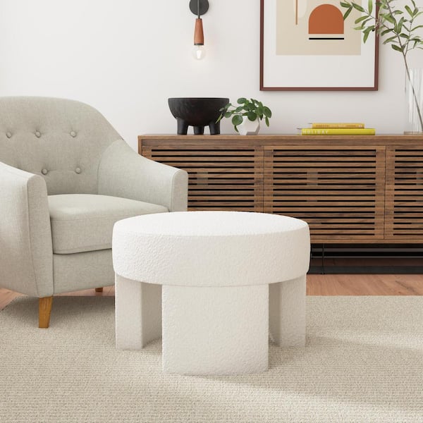 Homepop Sophia Cream Boucle Fabric Round Ottoman