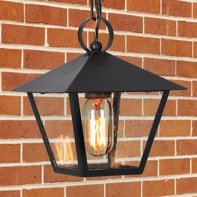 Farmhouse Black Outdoor Pendant Light, Jared 8.5 in. 1-Light Modern Cage Outdoor Ceiling Light with Seeded Glass Shade