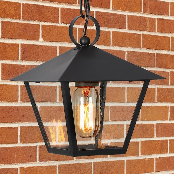 Uolfin Farmhouse Black Outdoor Pendant Light, Jared 8.5 in. 1-Light Modern Cage Outdoor Ceiling Light with Seeded Glass Shade