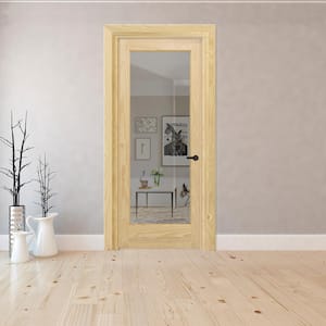28 in. x 80 in. Left-Hand Full 1-Lite Clear Glass Unfinished Pine Wood Single Prehung Interior Door w/ Nickel Hinges