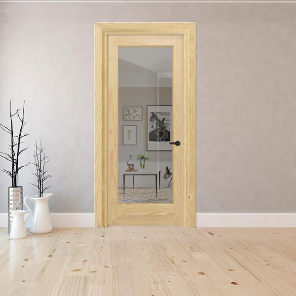 32 in. x 80 in. Full 1-Lite Clear Glass Unfinished Pine Wood Interior Door Slab