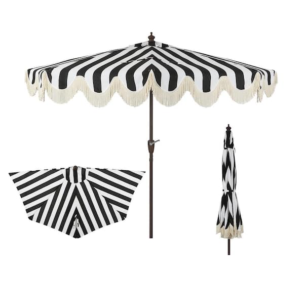 JONATHAN Y Beverly 9 ft. Scalloped Fringe Half Market Patio Umbrella with Crank, Push Button Tilt and UV Protection in Black/White