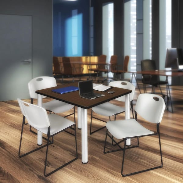 Kee 42 in. Neo Walnut Square Breakroom Table Desk and 4 Zeng Stack Chairs-Grey