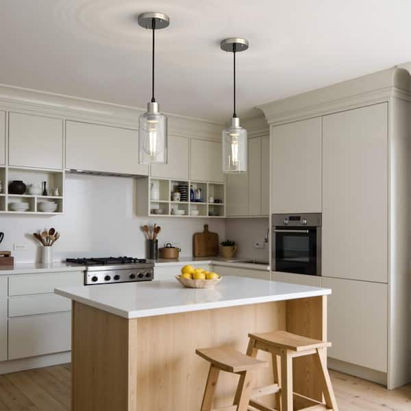 1-Light Brushed Nickel Pendant Light, Rustic Farmhouse Industrial Hanging Fixture for Kitchen Island Dining, 2-Pack