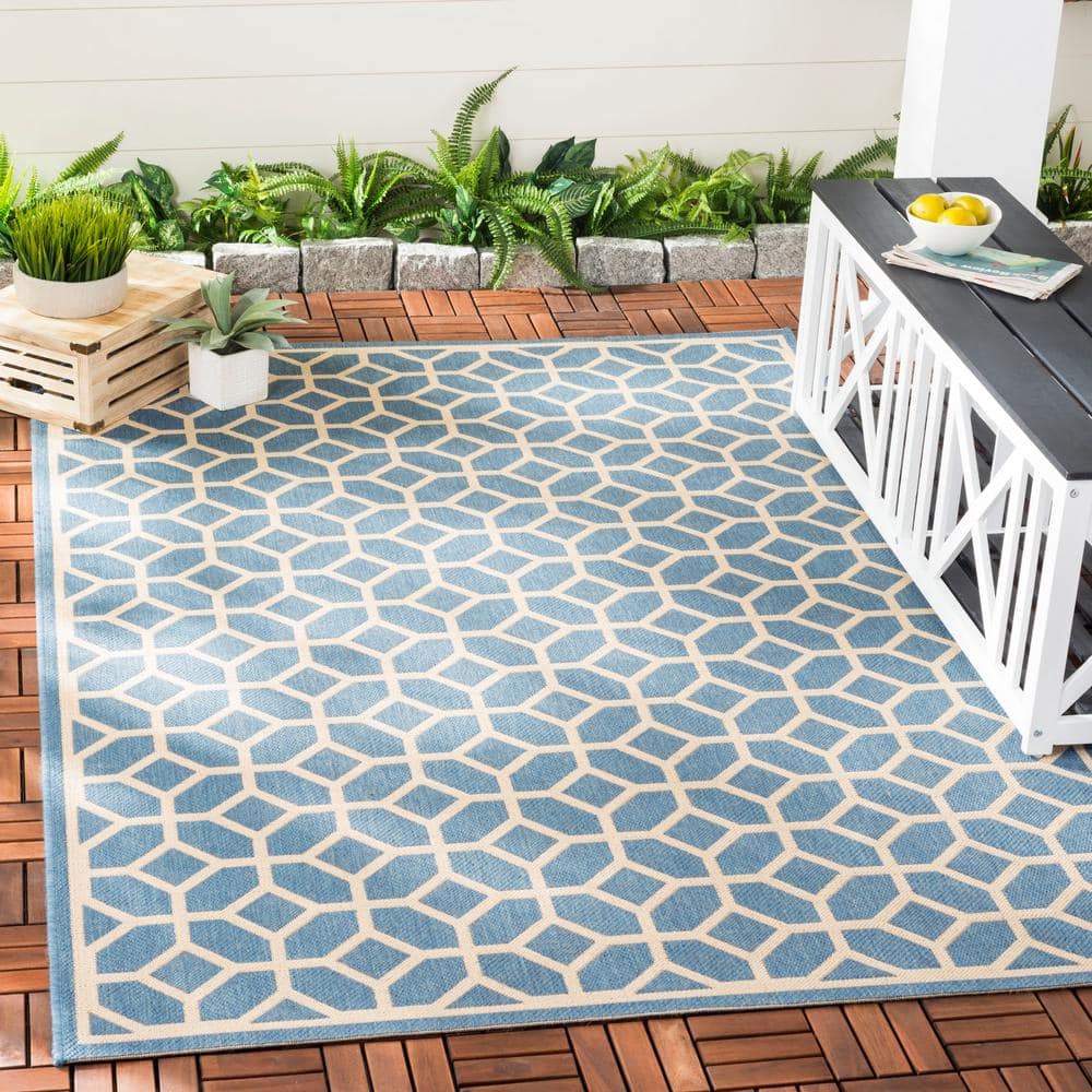 Blue and Creme Geometric Synthetic Indoor/Outdoor Accent Rug 2'-2" x 4'