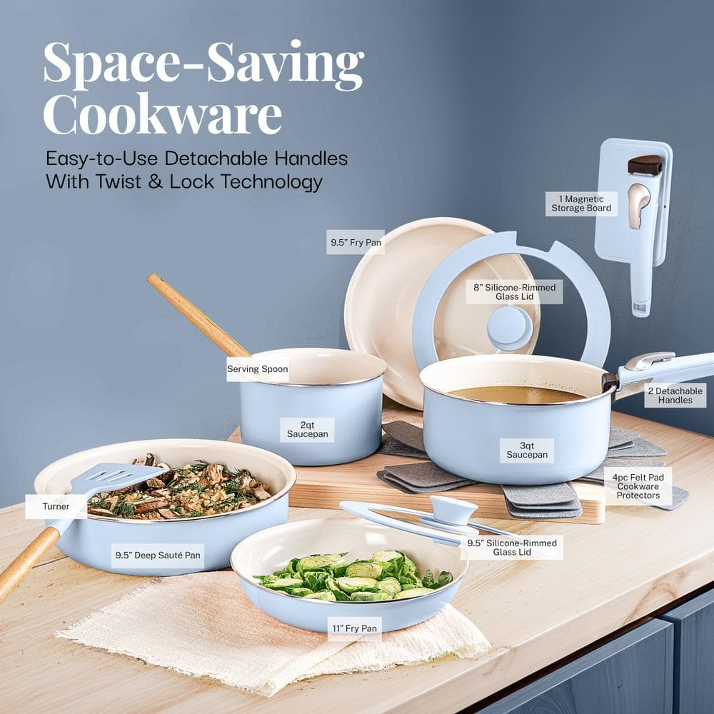 Light Blue Ceramic Nonstick 18-Piece Cookware Set with Detachable Handles