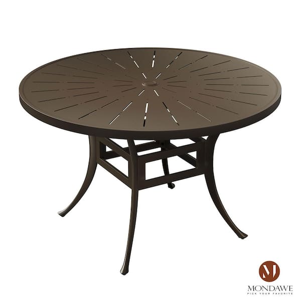 48 in. W Brown Cast Aluminum Outdoor Patio Round Dining Table with Retro Table Top and Umbrella Hole
