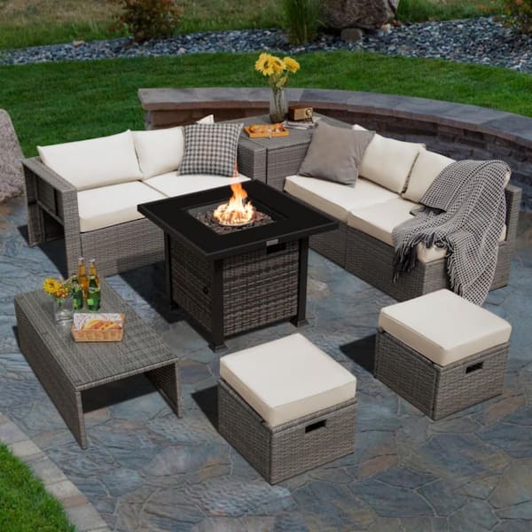 9-Piece Wicker Patio Conversation Set with Off White Cushions