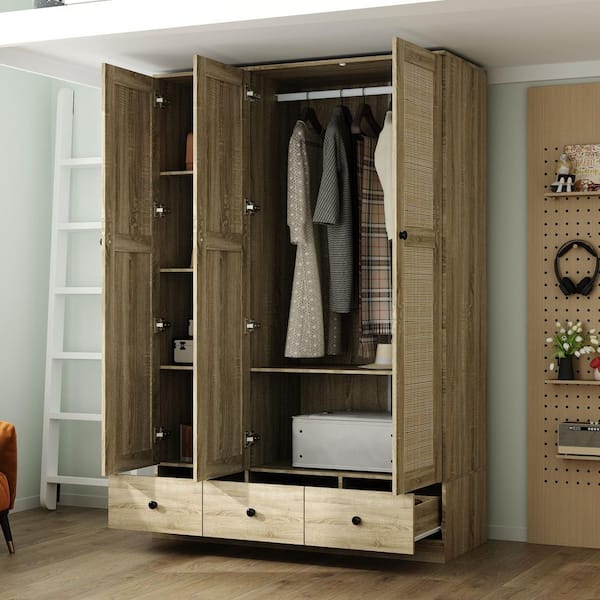 Greige Oak Finish Wood 47.2 in. Bedroom Chifferobe with Rattan Doors, Hanging Rod, and Multiple Storage Drawers