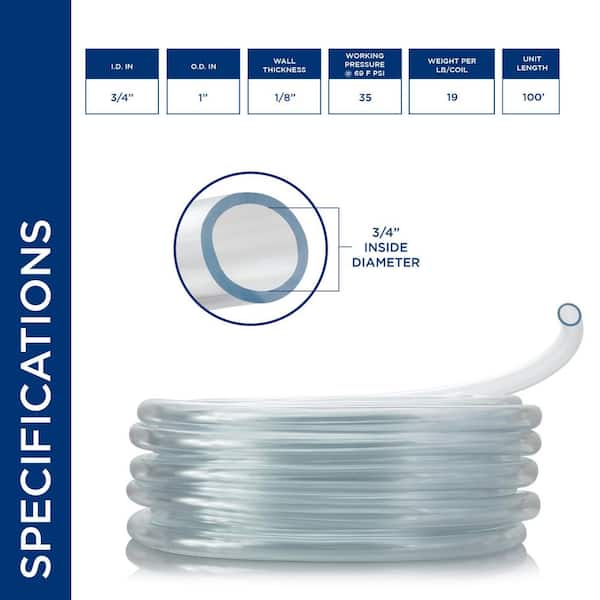 3/4 in. I.D. x 1 in. O.D. x 100 ft. Multi-Use Clear Flexible Vinyl Tubing for Fountains, Aquariums, AC and More