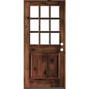 36 in. x 80 in. Rustic Knotty Alder Red Mahogany Stain Left-Hand Clear Low-E Glass 9-Lite Wood Single Prehung Front Door