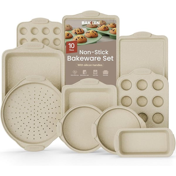 Nonstick Gray Coating, Carbon Steel Bakeware Set with White Silicone Handles, Set of 10