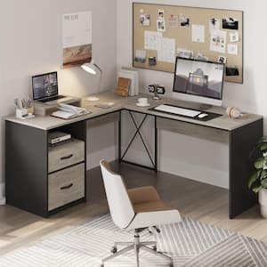 55.8 in. Retro Grey Oak Light L-Shaped Computer Desk with Monitor Stand and 2-Reversible Storage-Drawers