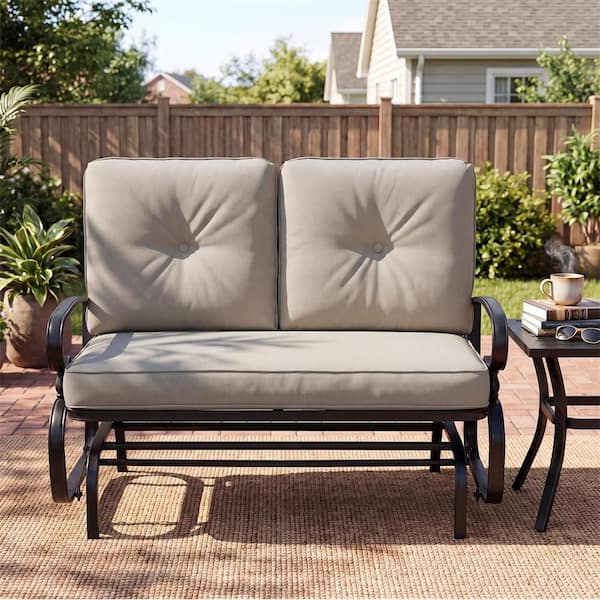 2-Person Metal Outdoor Patio Glider Rocking Bench Loveseat with Beige Cushion