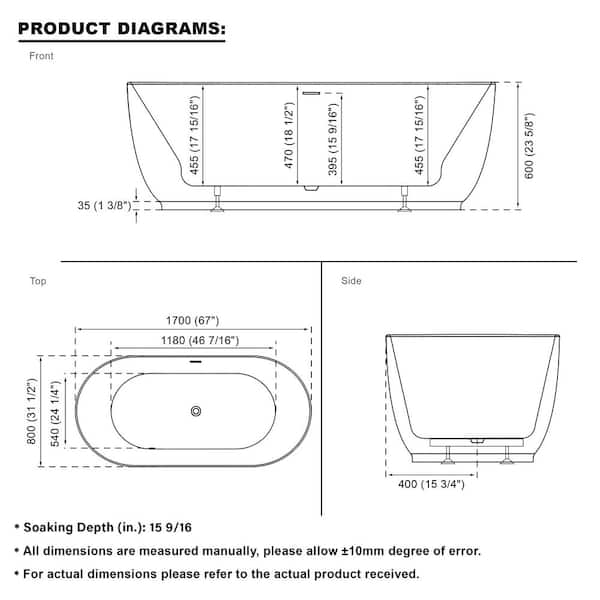67 in. x 31.5 in. Acrylic Freestanding Flatbottom Double Ended Soaking Bathtub in Glossy White