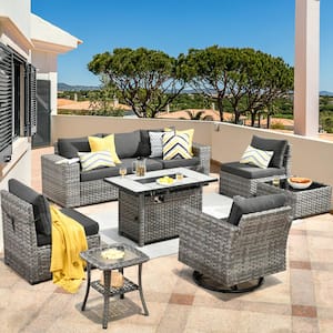 Crater Grey 9-Piece Wicker Wide Arm Outdoor Patio Conversation Sofa Set with a Rectangle Fire Pit and Black Cushions