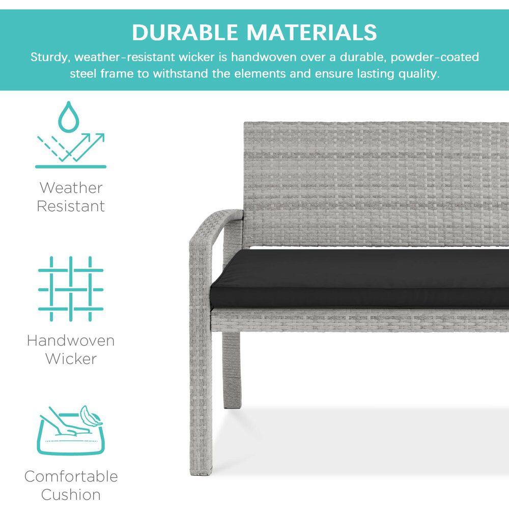 Gray and Black Wicker 2-Person Outdoor Bench with Cushion