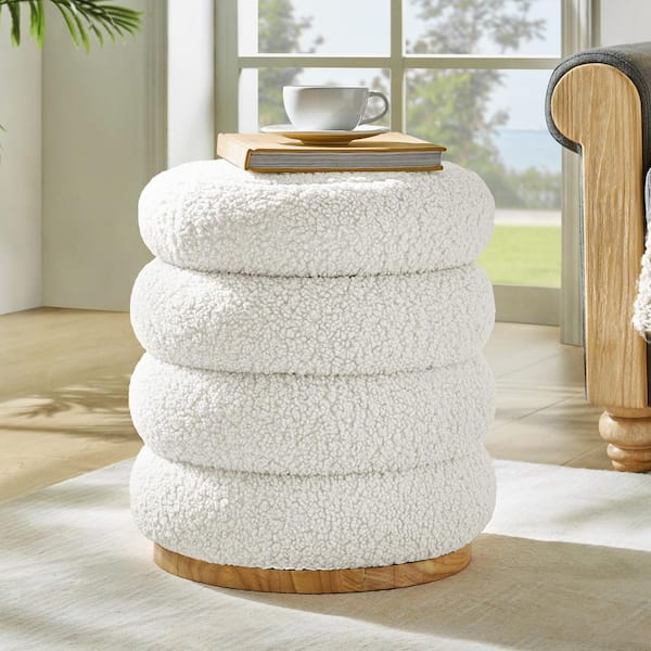 Anibal White Polyester Sherpa Round Swivel Ottoman with Solid Wood Legs