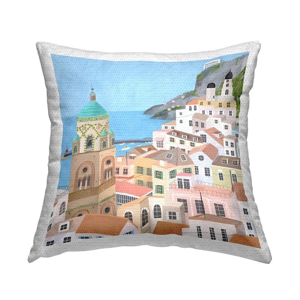 Stupell Industries Ocean Coast Town Landscape View Blue Square Outdoor Throw Pillow