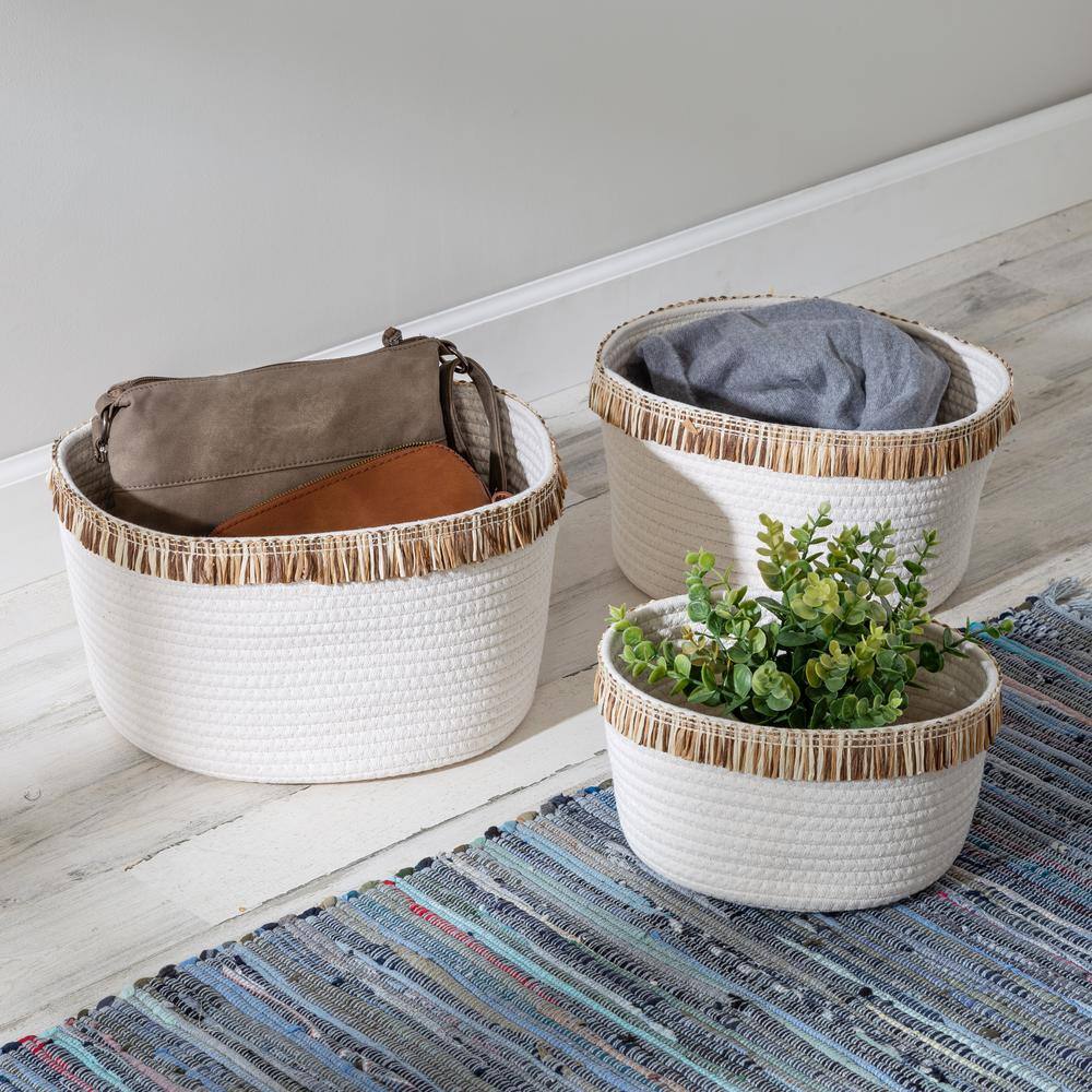 Set of 3 White Cotton Rope Round Baskets with Fringe