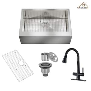 All-in-One 33 in. Farmhouse Apron-Front Single Bowl 18-Gauge Stainless Steel Kitchen Sink with Matte Black Faucet