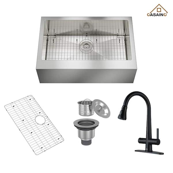 CASAINC All-in-One 33 in. Farmhouse Apron-Front Single Bowl 18-Gauge Stainless Steel Kitchen Sink with Matte Black Faucet