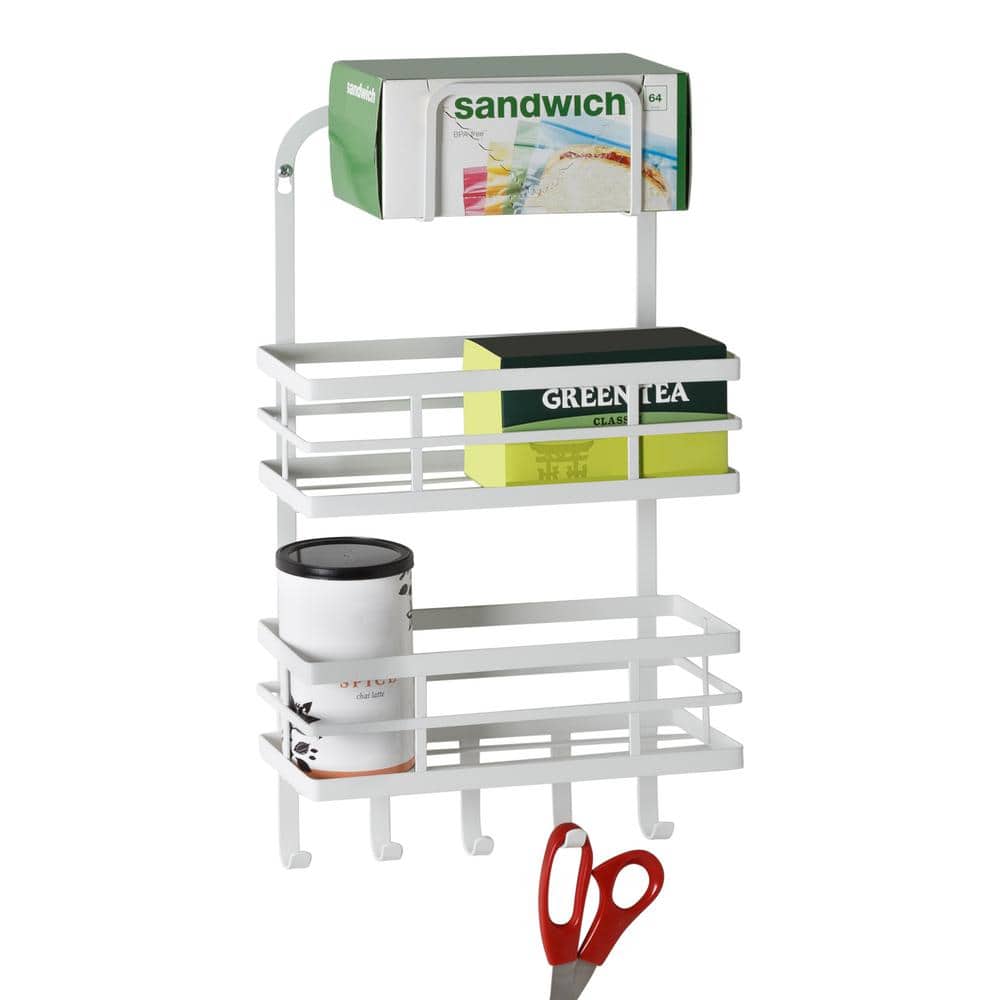 White Powder-Coated Metal Over-Cabinet Door Organizer with Hooks