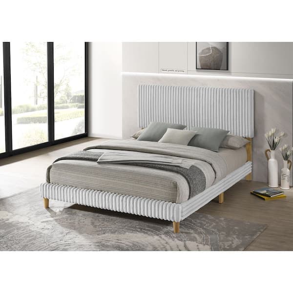 Rowe Light Gray Color Wood Frame Corduroy Fabric Full Size Panel Bed With Natural Wood Color Legs