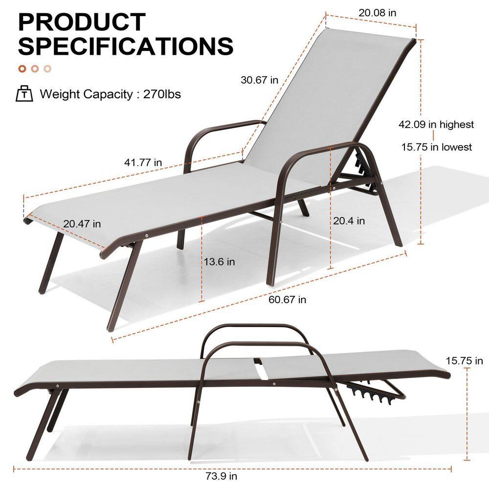 Dimension diagram of a light gray chaise lounge with dark brown metal frame.