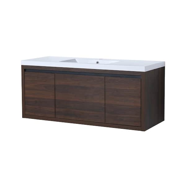 ANGELES HOME 48 in. W x 18 in. D x 20.5 in. H Floating Bath Vanity in California Walnut with White Resin Top, Single Sink, Sof Close