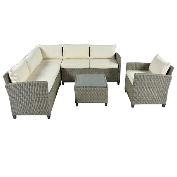 Tunearary Gray 5-Piece Wicker Patio Conversation Set with Beige Cushion and Single Chair