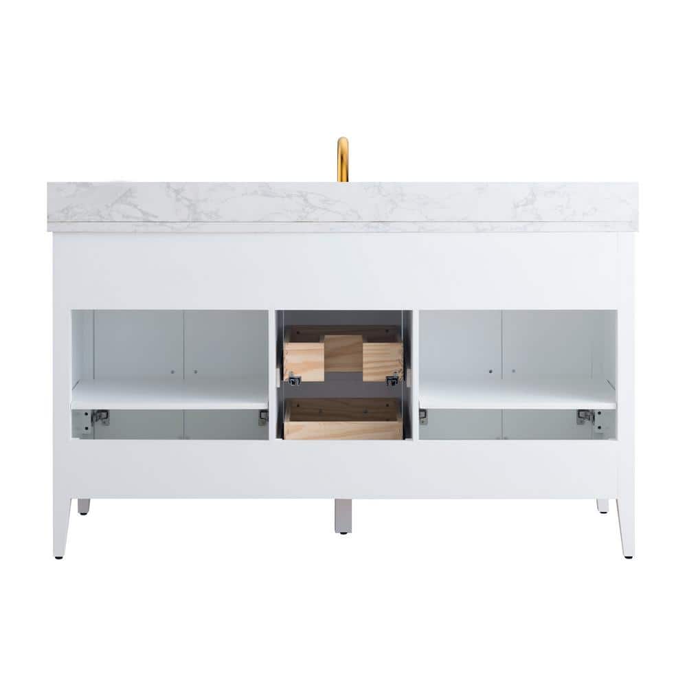 60'' White MDF Single Sink Bathroom Vanity with Engineered Marble Top