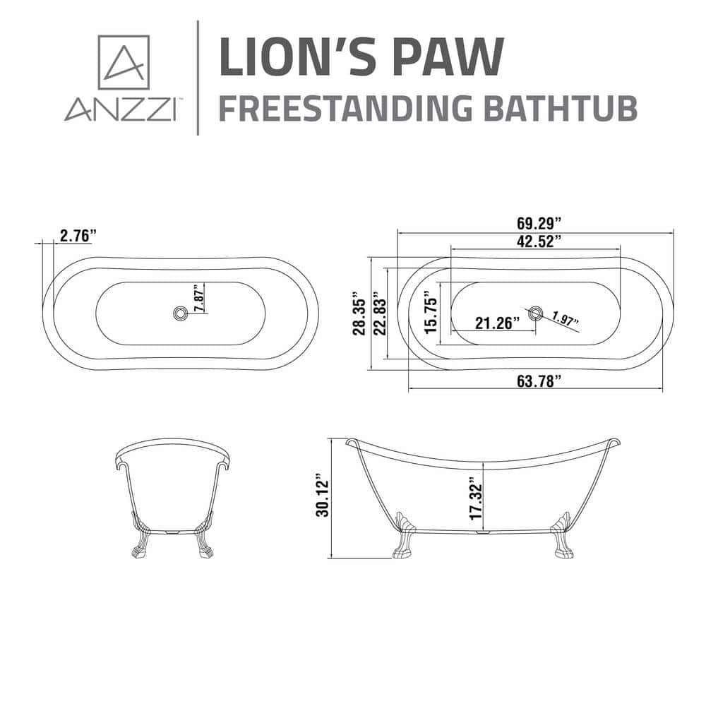 Belissima 69'' White Acrylic Clawfoot Freestanding Bathtub