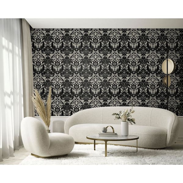 Llewelyn-Bowen Off The Wall Black Damask Sauvage Flocked Finish Non-Pasted Non-Woven Wallpaper Sample