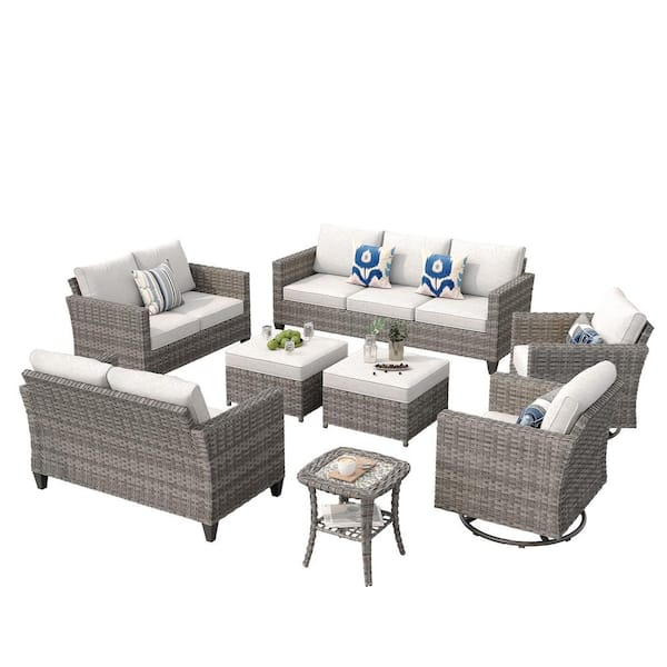 New Star Gray 8-Piece Wicker Patio Conversation Seating Set with Gray Cushions and Swivel Chairs