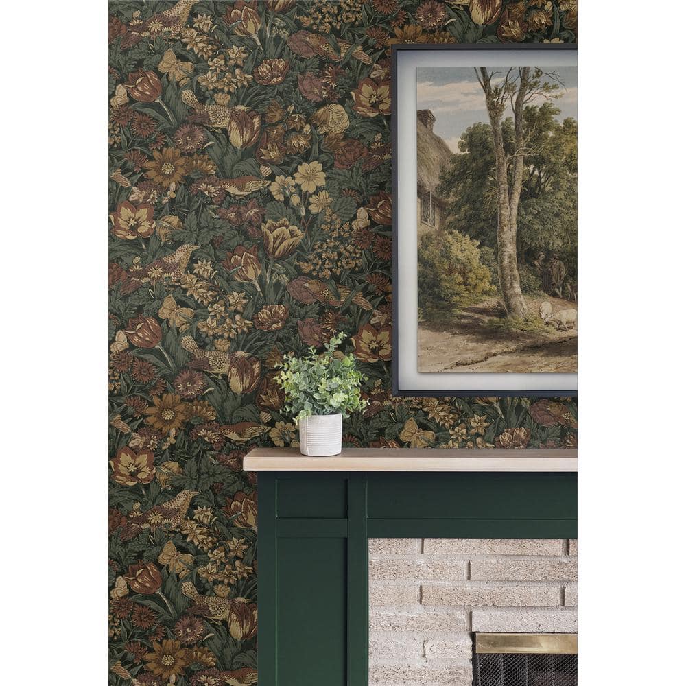 Mahogany and Graphite Bird Floral Pre-pasted Vinyl Wallpaper