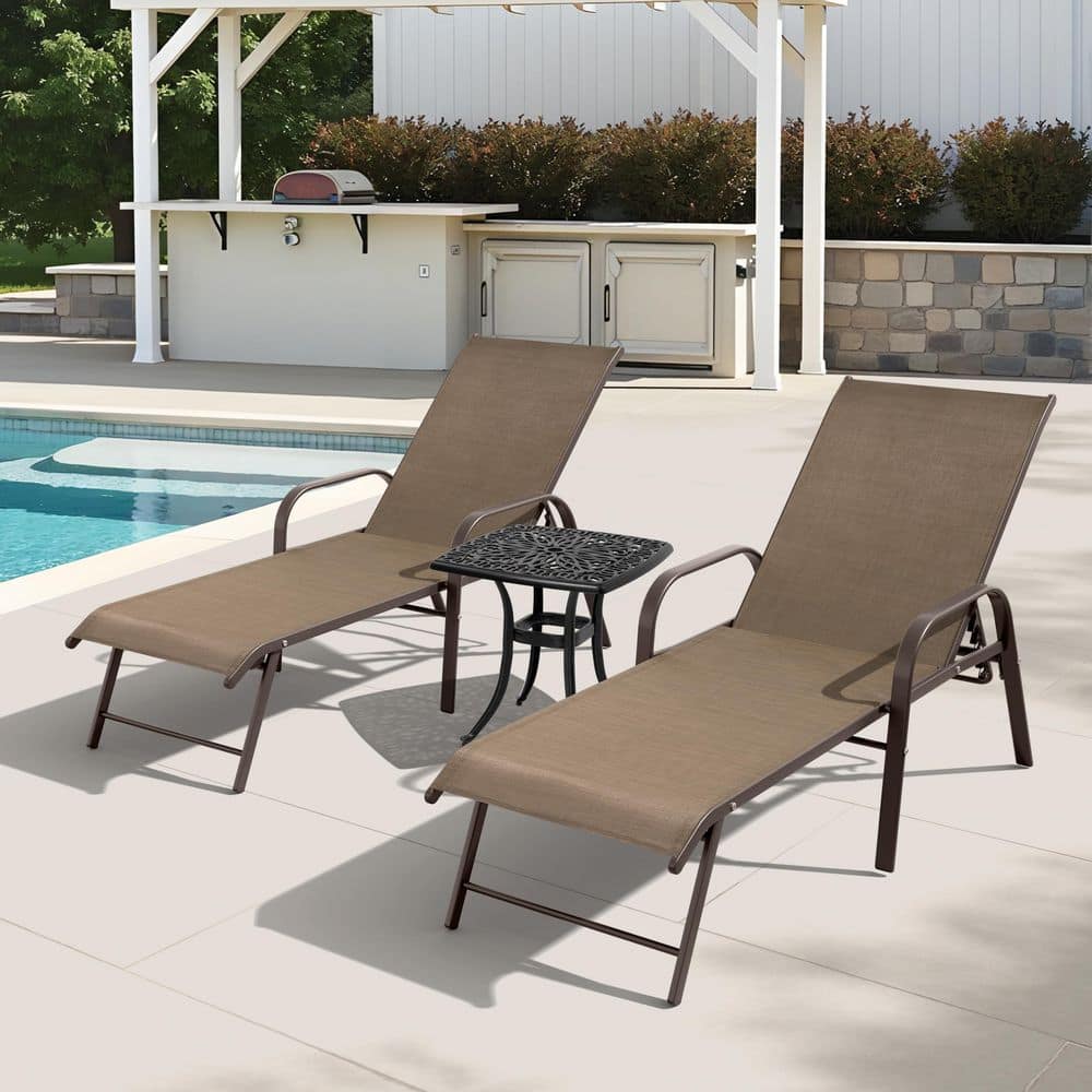 3-Piece Adjustable Aluminum Outdoor Chaise Lounge in Brown with Armrest and Side Table price history on PriceWatchPro