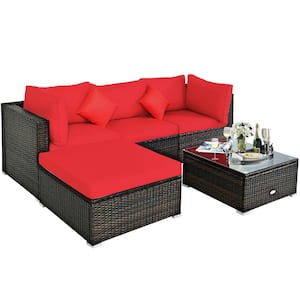 4-Piece Wicker Patio Conversation Set Sectional Loveseat Couch Sofa with Storage Box Coffee Table&Red Cushions