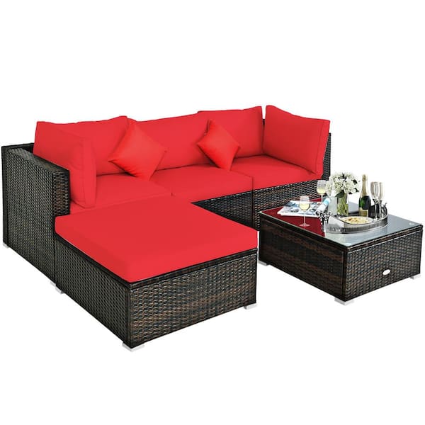 HONEY JOY 4-Piece Wicker Patio Conversation Set Sectional Loveseat Couch Sofa with Storage Box Coffee Table&Red Cushions