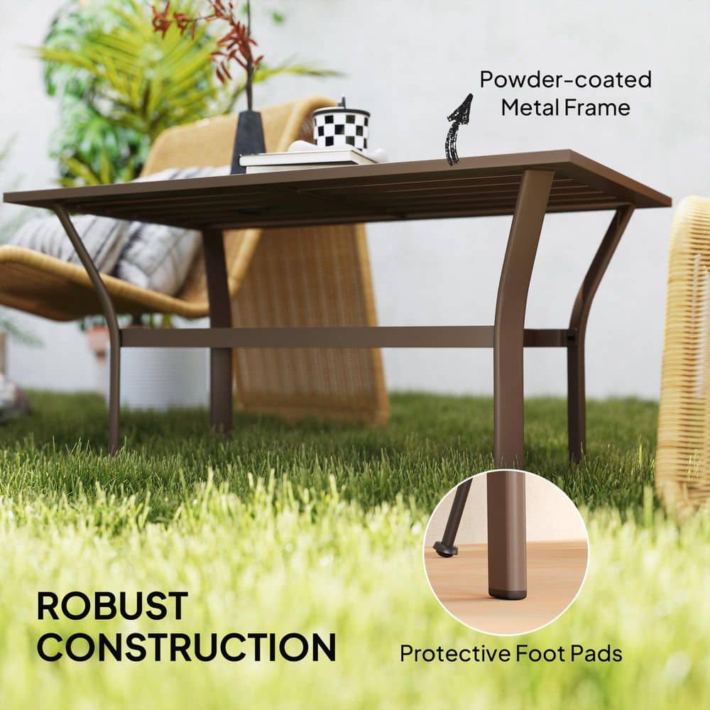 Brown Metal All-Weather Outdoor Coffee Table with Slatted Top