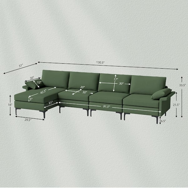 130.5 in. W Square Arm 4-Piece Polyester L-Shaped Modular Modern Sectional Sofa with 2-USB Ports Green