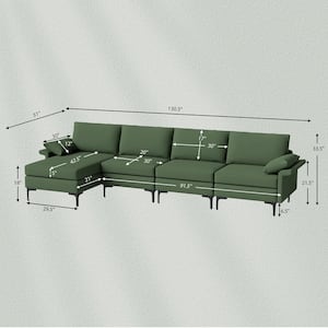 130.5 in. W Square Arm 4-Piece Polyester L-Shaped Modular Modern Sectional Sofa with 2-USB Ports Green