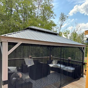 12 ft. x 14 ft. Light Gray Aluminum Power-Coated Frame Galvanized Steel Double Roof Hardtop Gazebo,Hooks Netting Curtain