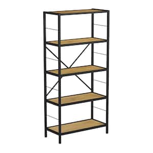 63 in. Oak Woodgrain Look and Black Wooden 5-Shelf Open Bookcase Industrial Style Etagere Shelving