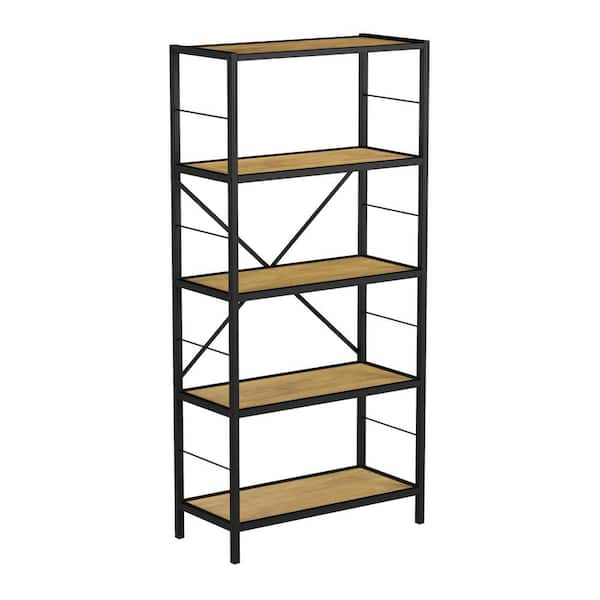 Lavish Home 63 in. Oak Woodgrain Look and Black Wooden 5-Shelf Open Bookcase Industrial Style Etagere Shelving