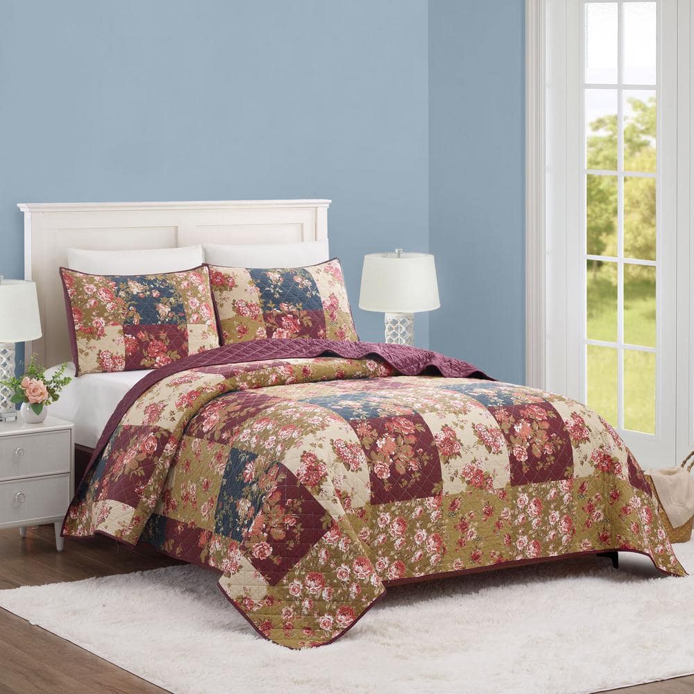 Germaine Red and Blue Floral Twin Cotton Quilt Set
