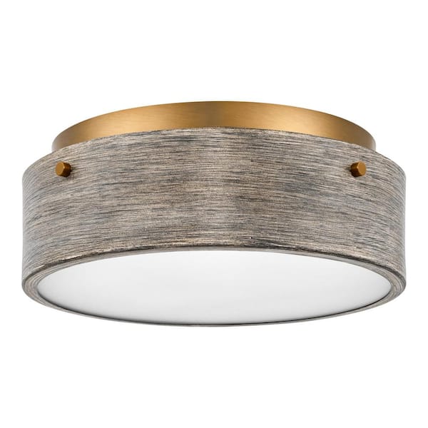 Home Decorators Collection Huntmoor 14 in. 2-Light Old Satin Brass Flush Mount with Grey Wood Metal and Etched White Diffuser